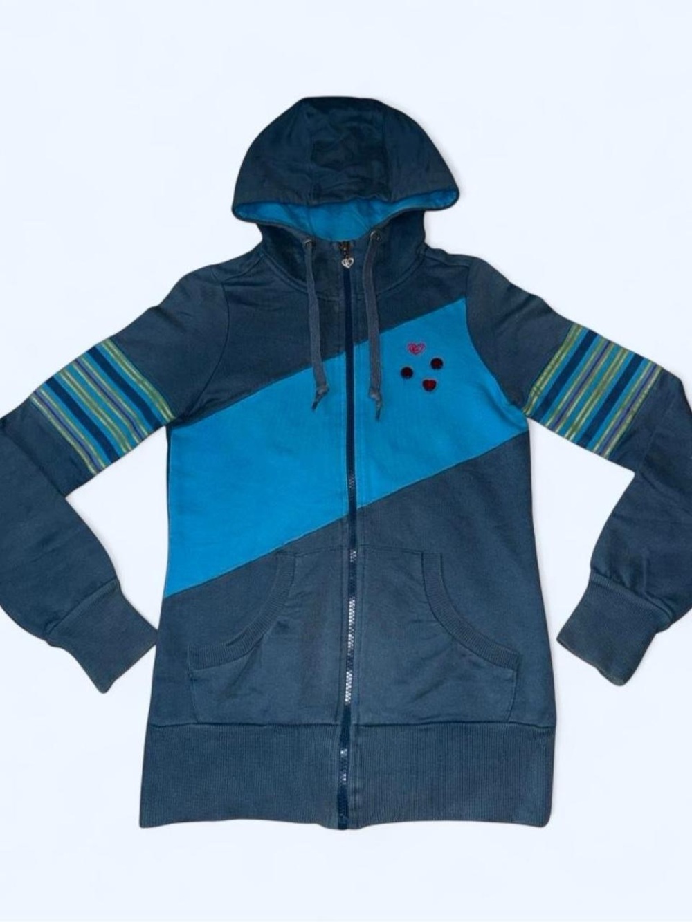 Rewind Y2K Colorblock Striped Zip Up Hoodie Jacket Heart Detail Cyber Punk XS